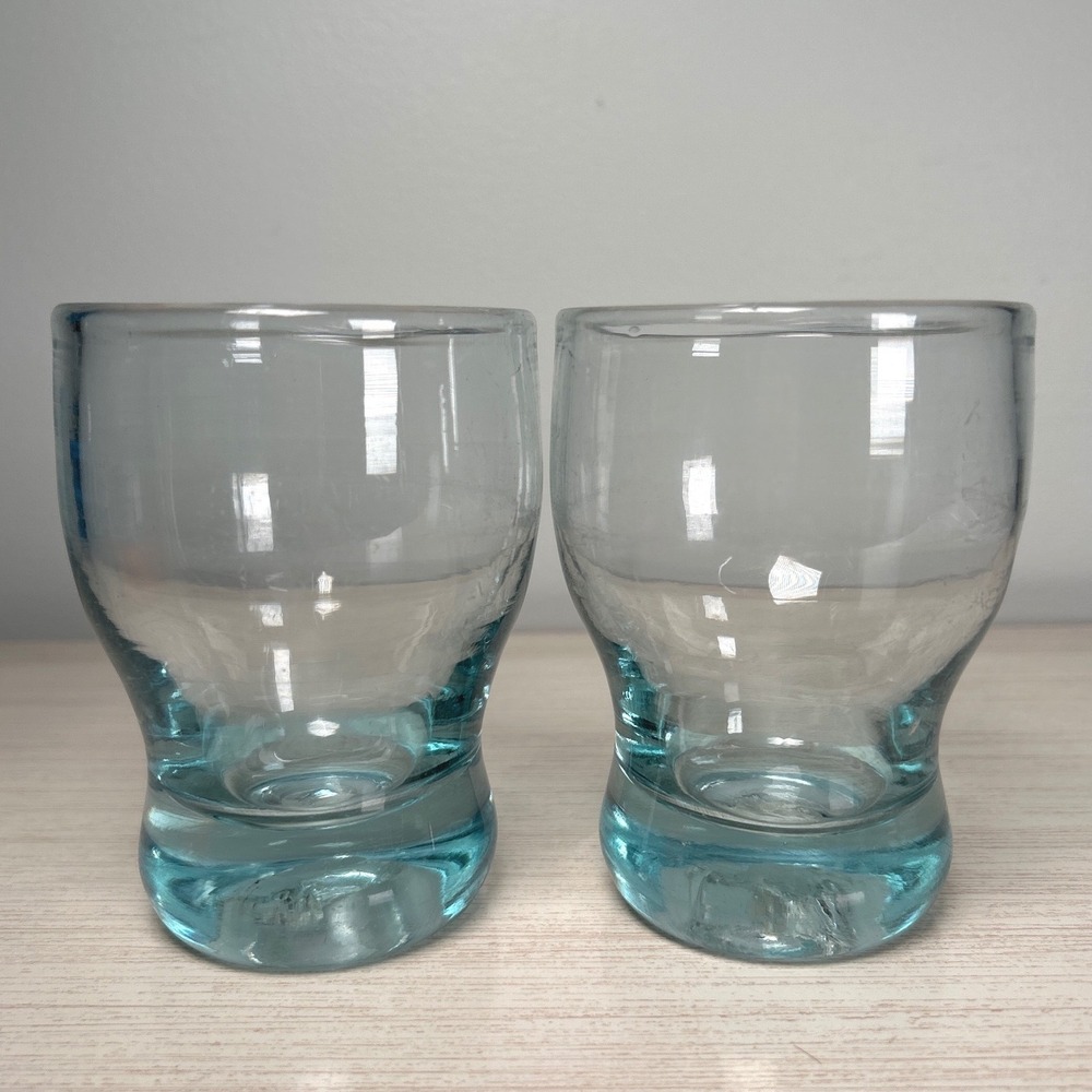 Hand Blown Light Blue Glass Tumblers Heavy Base Juice Bar Glasses TWO 10 oz Vtg